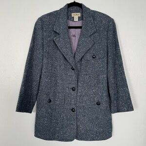LL Bean Coat Women Size 12 Blue Tweed Wool Lined 3 Button‎ Vintage Academia